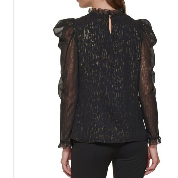 DKNY Long Sleeve Ruffle Black & Gold Blouse size Large w keyhole button closure - Picture 2 of 11